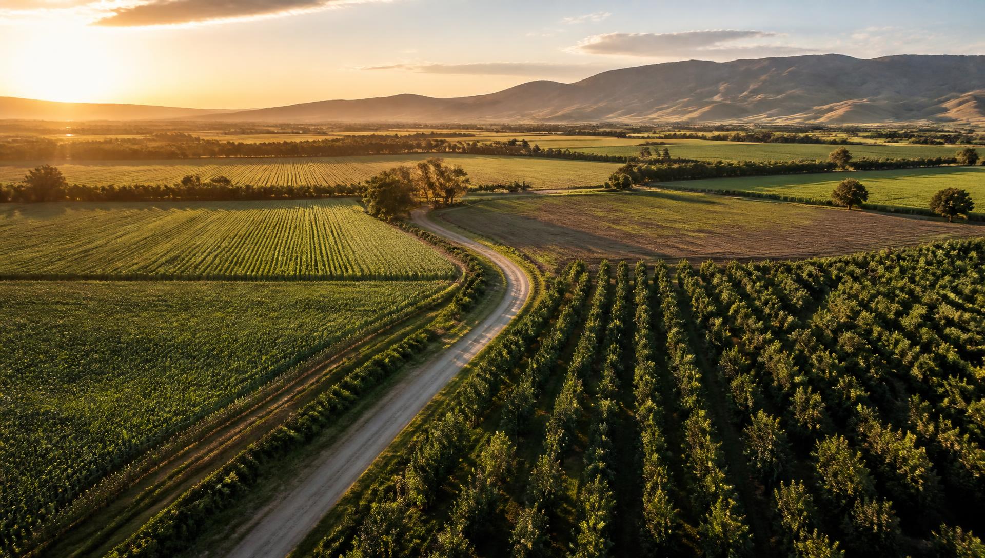 Aerial view of American farmland at golden hour